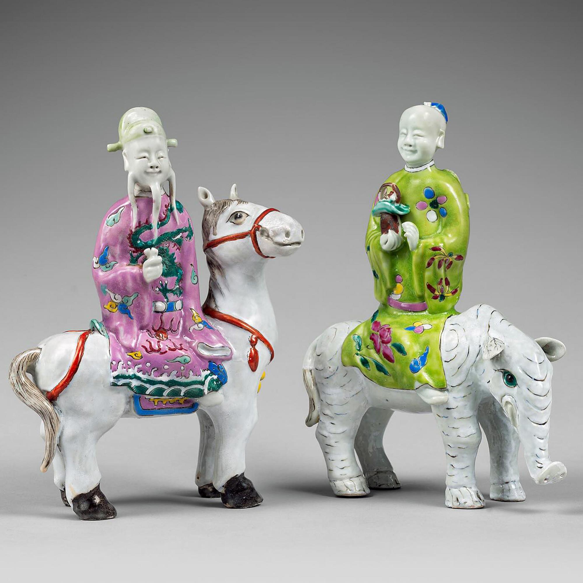 Porcelain Chinese Export Immortal Figures Mounted on the Back of Animals For Sale