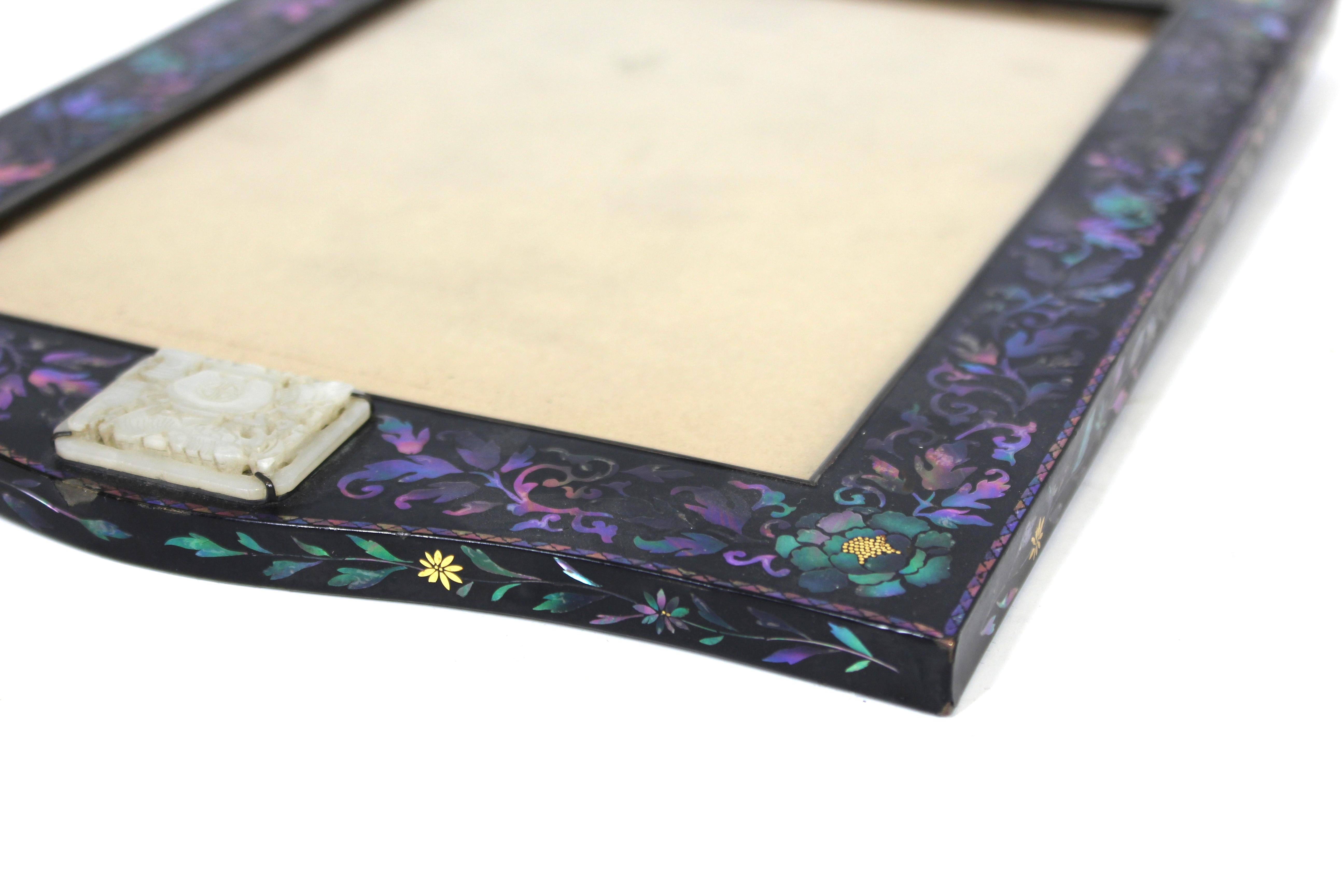 Chinese Export Lac Burgaute Inlaid Silver, Gold & Abalone Frame with Carved Jade 9