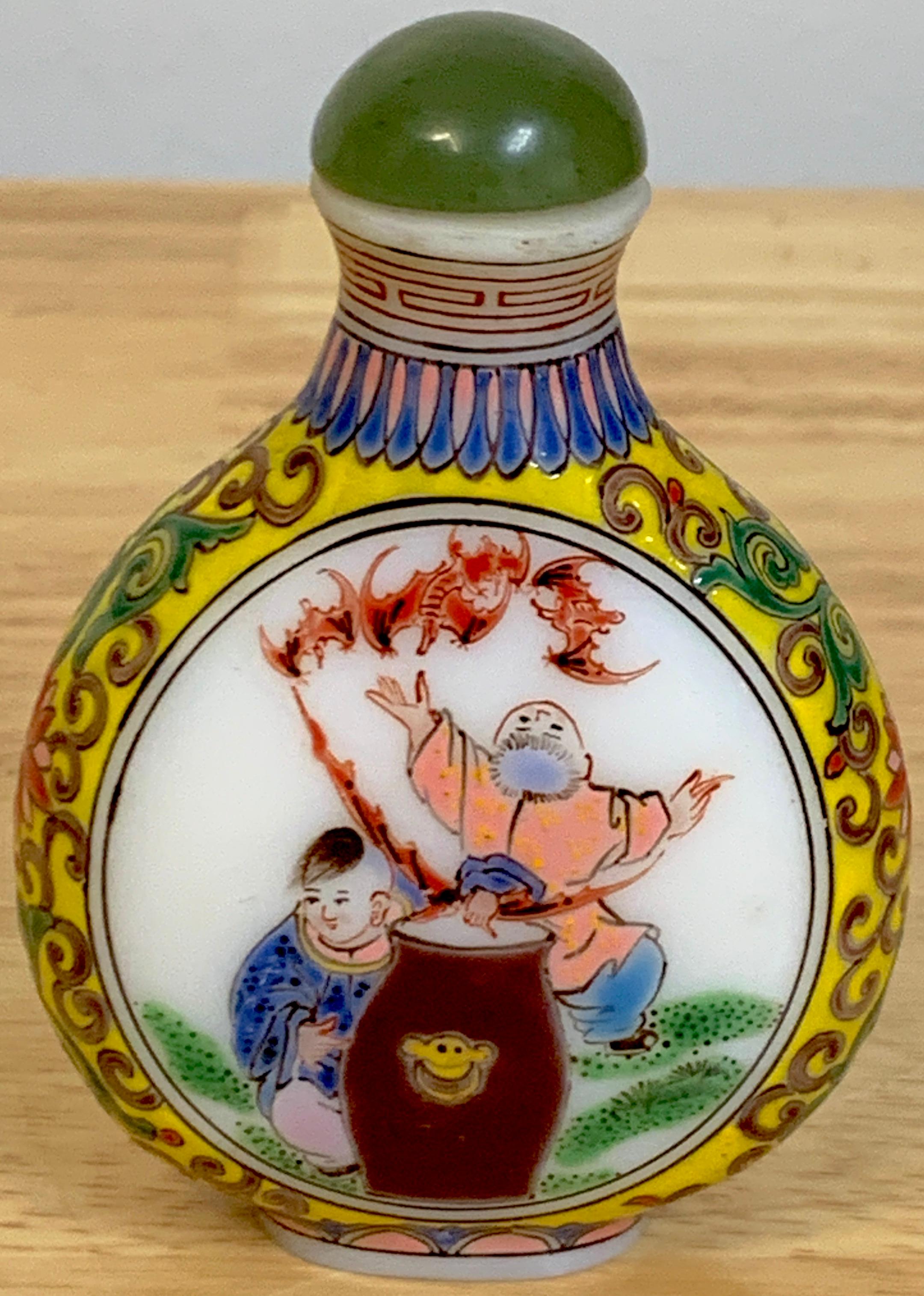 Chinese Export Jade & Peking glass enameled snuff bottle, with removable jade lid, the finely decorated moon flask shape bottle with yellow enameled sides, with two different vignettes of figures in landscape, some with bats. Signed with blue reign