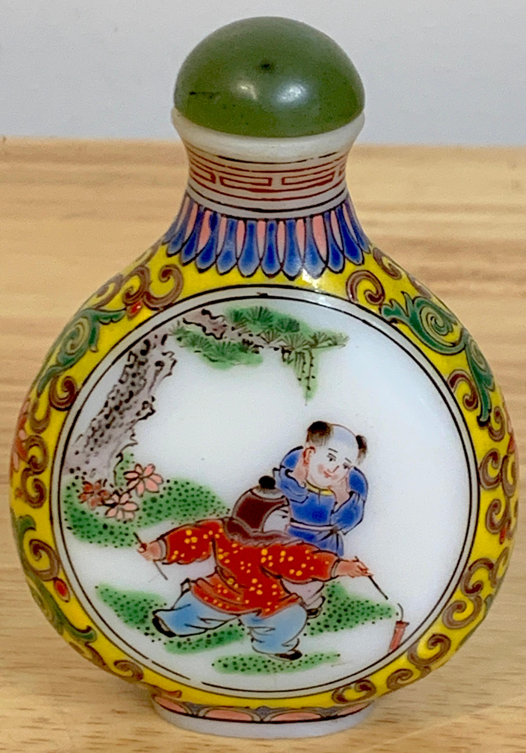 Chinese Export Jade & Peking Glass Enameled Snuff Bottle   1