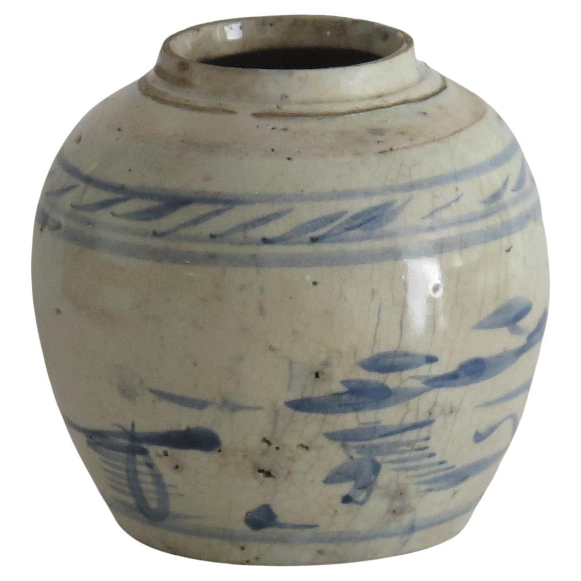 This is a Chinese Export provincial ceramic jar hand painted with a blue and white lakeside scene with other symbols and dating to the mid 17th century.

This is a hand potted piece with a squat shape and a glassy glaze having a blue/light green