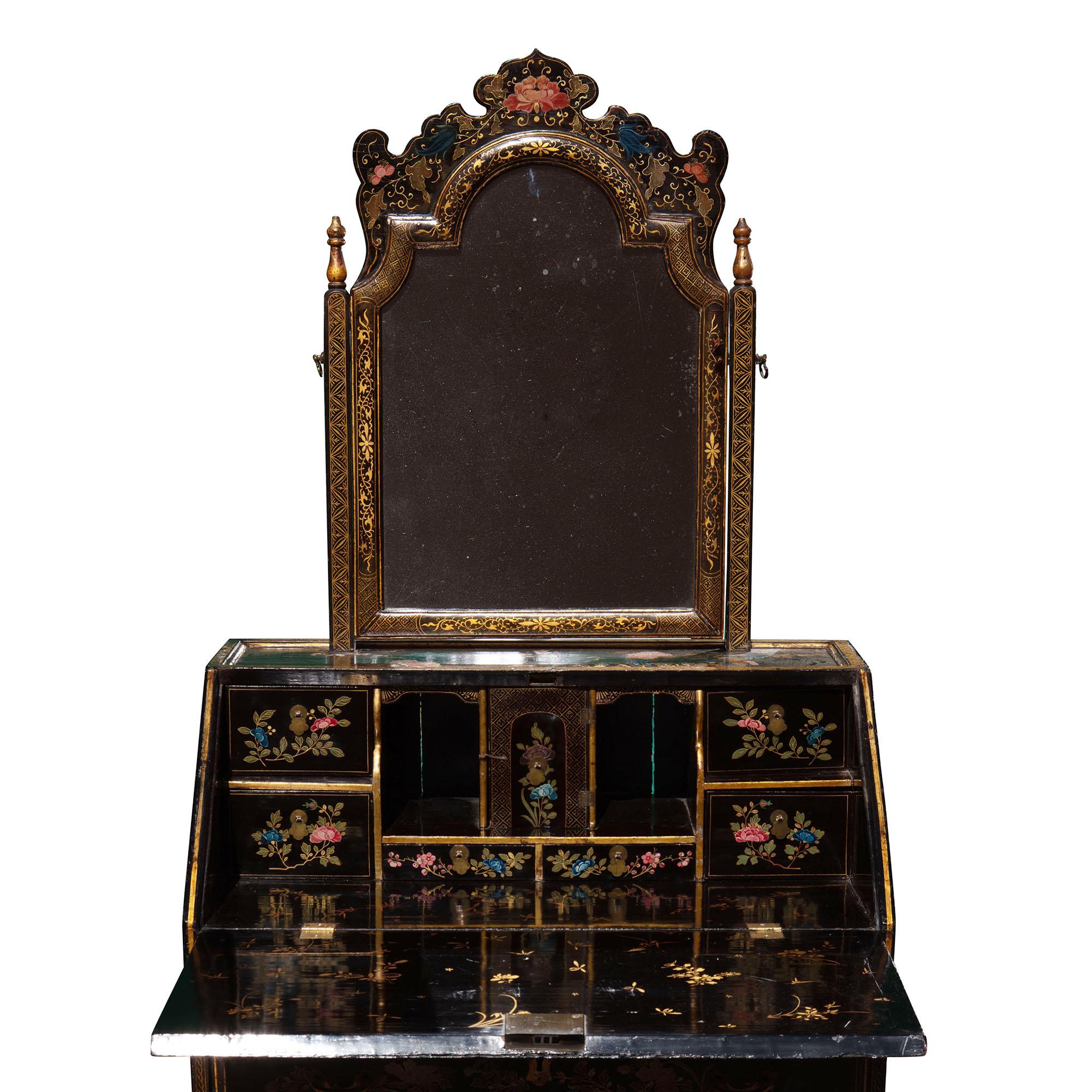 A Chinese export lacquer bureau on stand decorated with an unusual polychrome flower design

This Chinese lacquer bureau on stand was made in China in the mid-18th century, circa 1750

Its design comes from Western prototypes and adapted in the