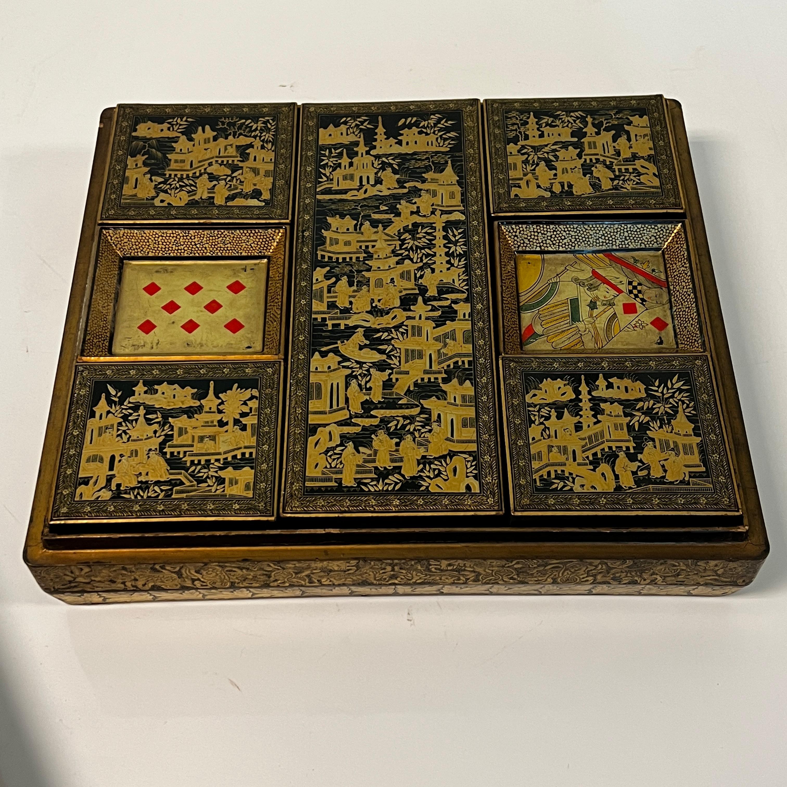 19th Century Chinese Export Lacquer Games Box with Mother of Pearl