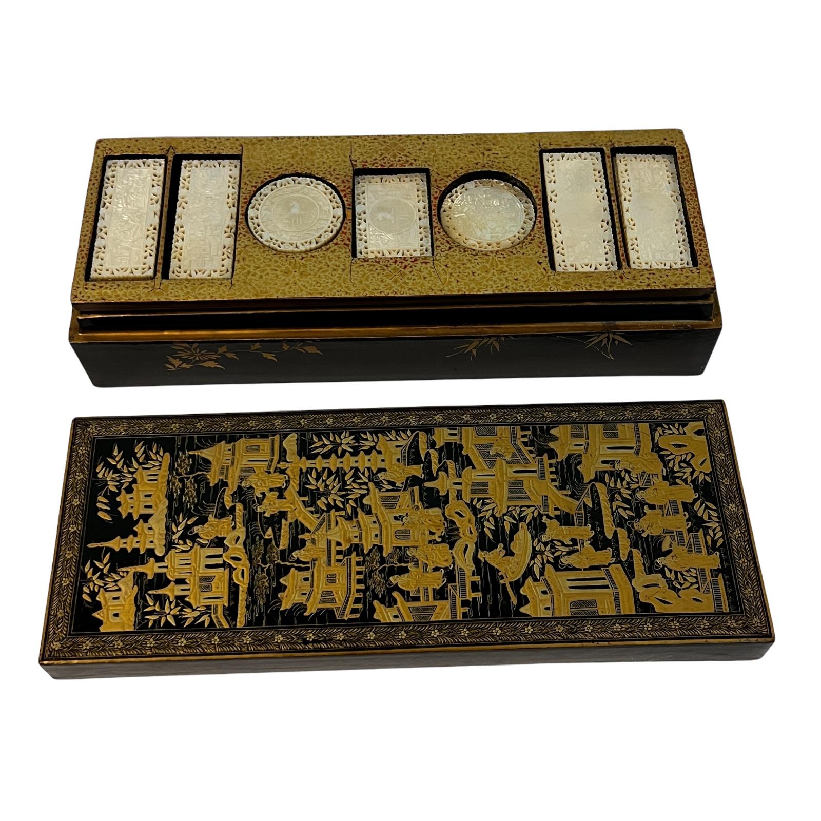 Mother-of-Pearl Chinese Export Lacquer Games Box with Mother of Pearl