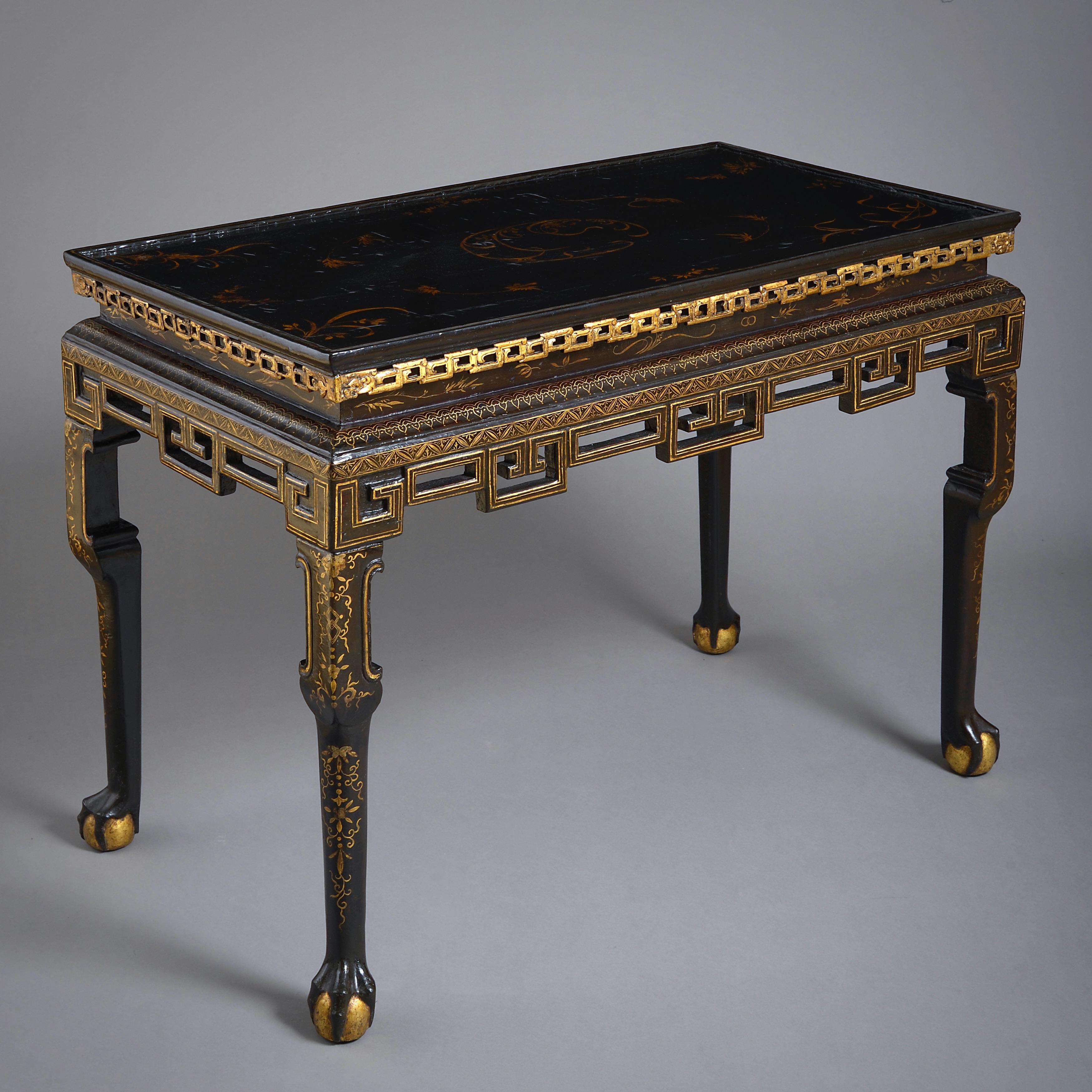 A rare Chinese export lacquer table, late 18th century.

Decorated in gilt on a black ground.

Measures: H 74cm x W 100cm x D 55cm

H 29