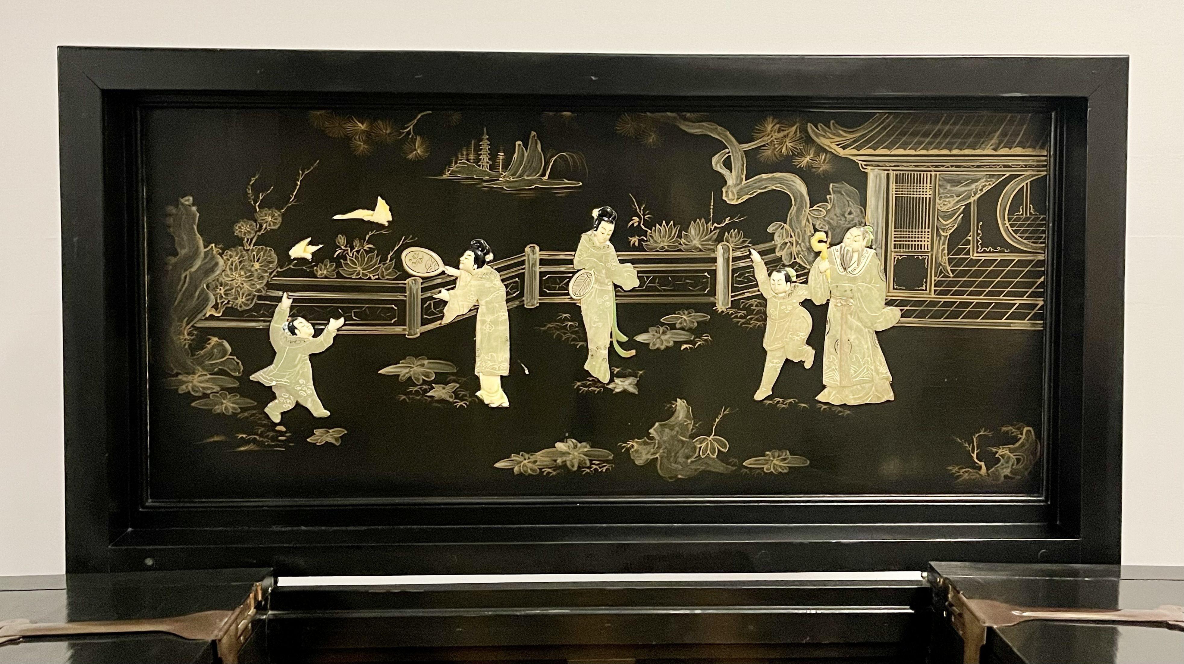 Chinese Export Lacquered Bar, Ebony, Raised Figure Carvings, Chinoiserie 8