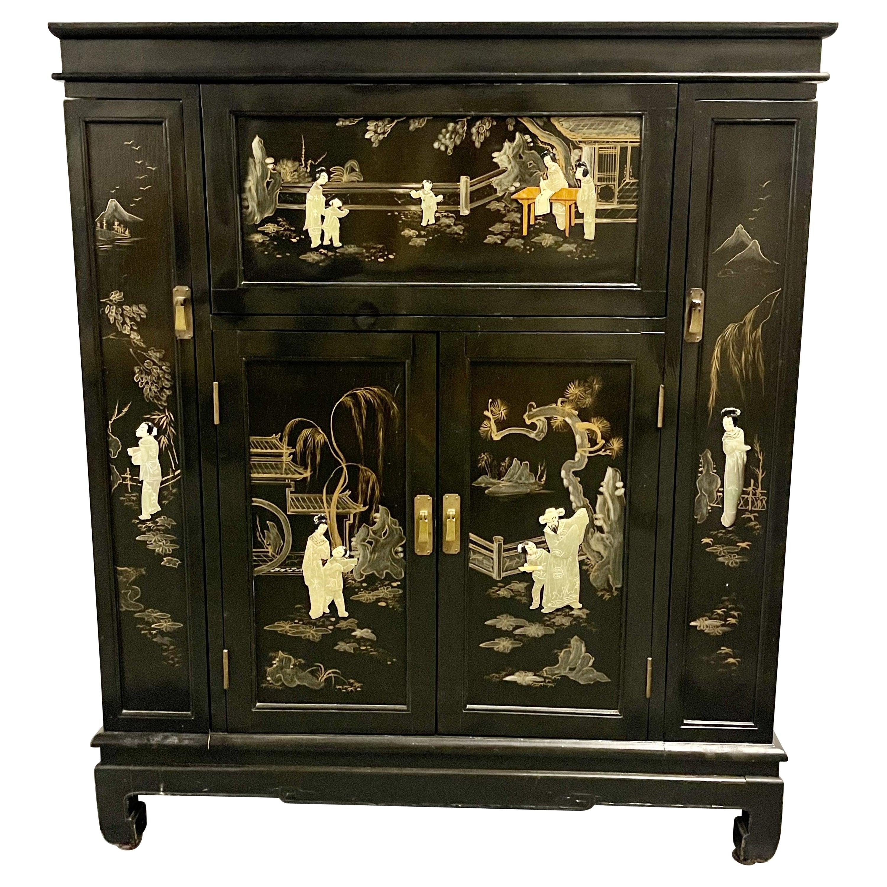 Chinese Export Lacquered Bar, Ebony, Raised Figure Carvings, Chinoiserie