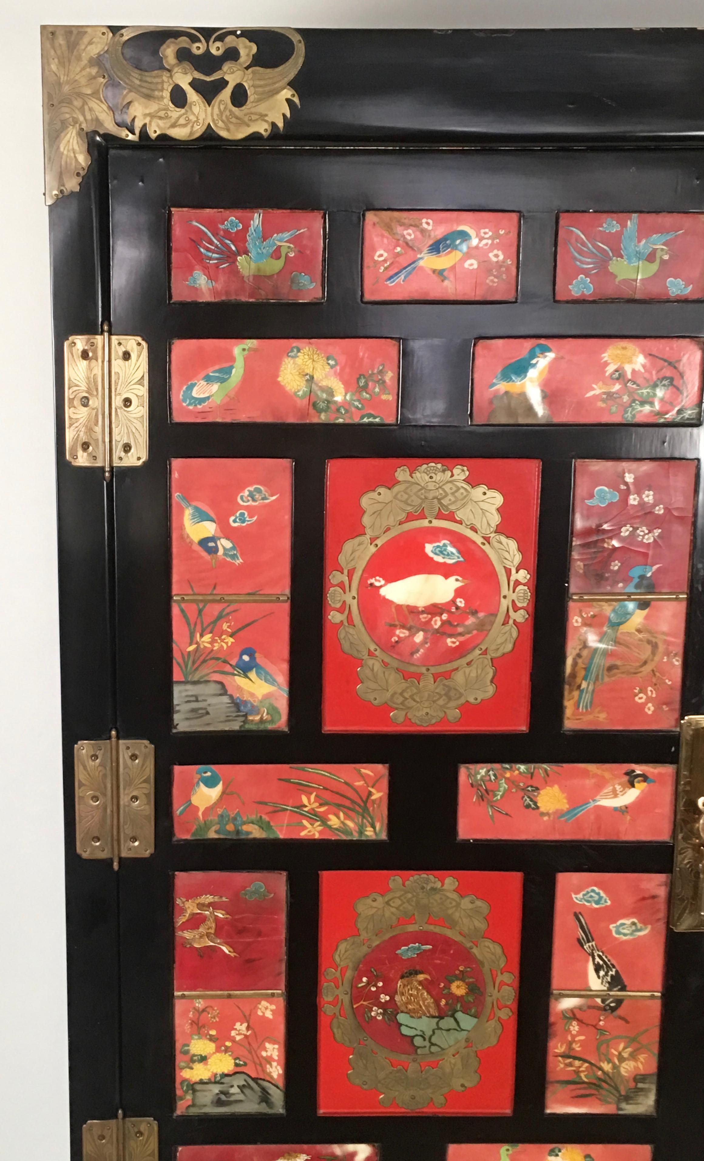 Chinese Export Lacquered Cabinet with Hand-Painted Bird Decorated Panels 9