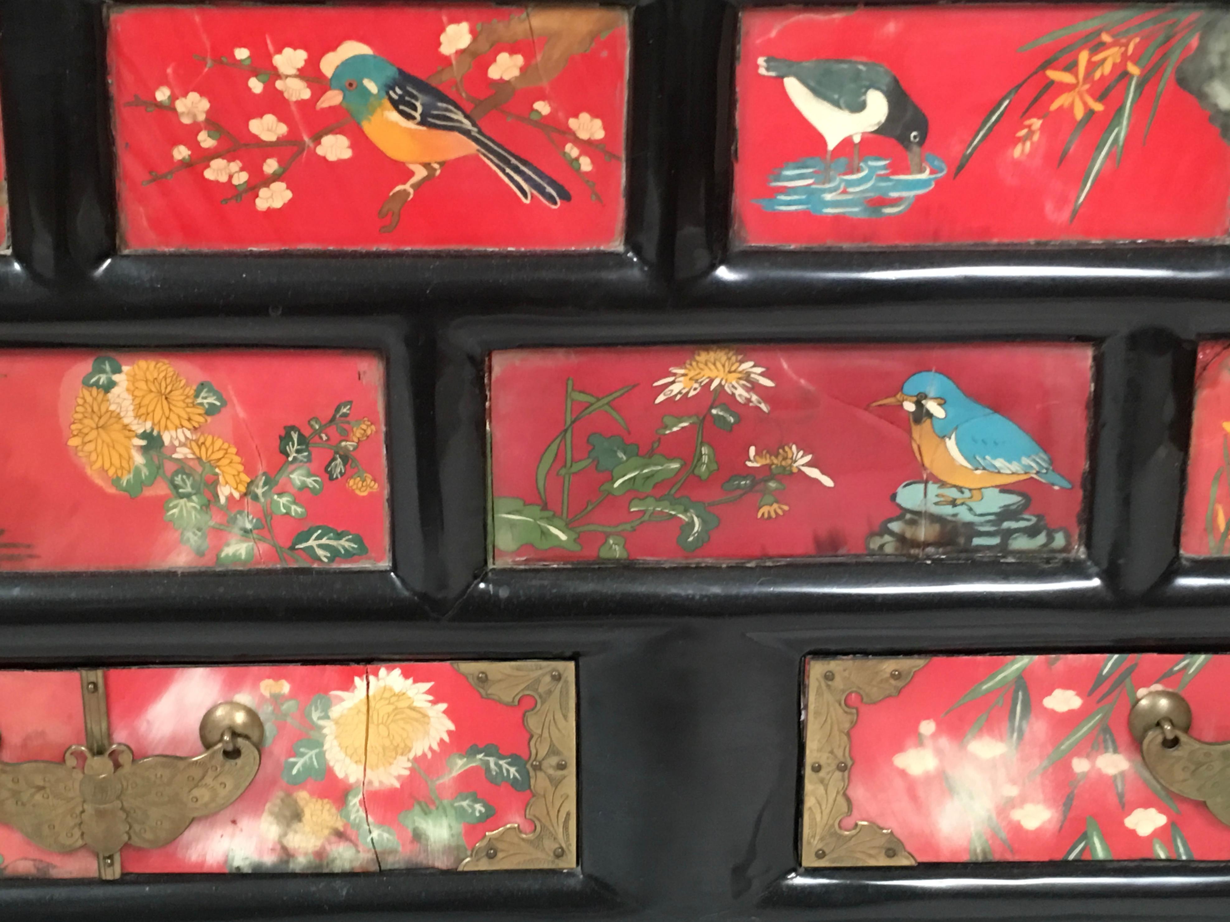 Chinese Export Lacquered Cabinet with Hand-Painted Bird Decorated Panels 11