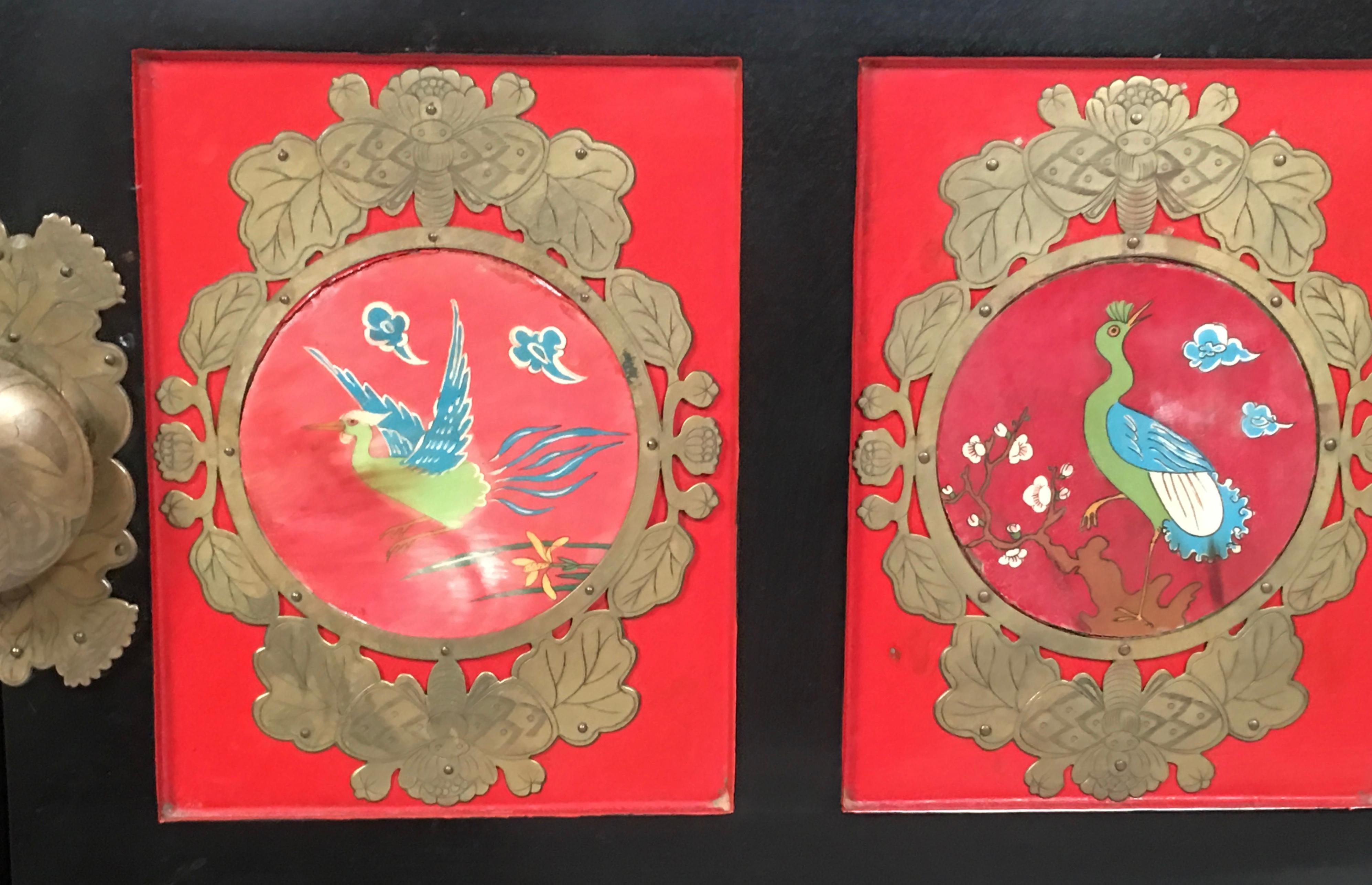 Chinese Export Lacquered Cabinet with Hand-Painted Bird Decorated Panels 14