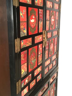 Chinese Export Lacquered Cabinet with Hand-Painted Bird Decorated Panels