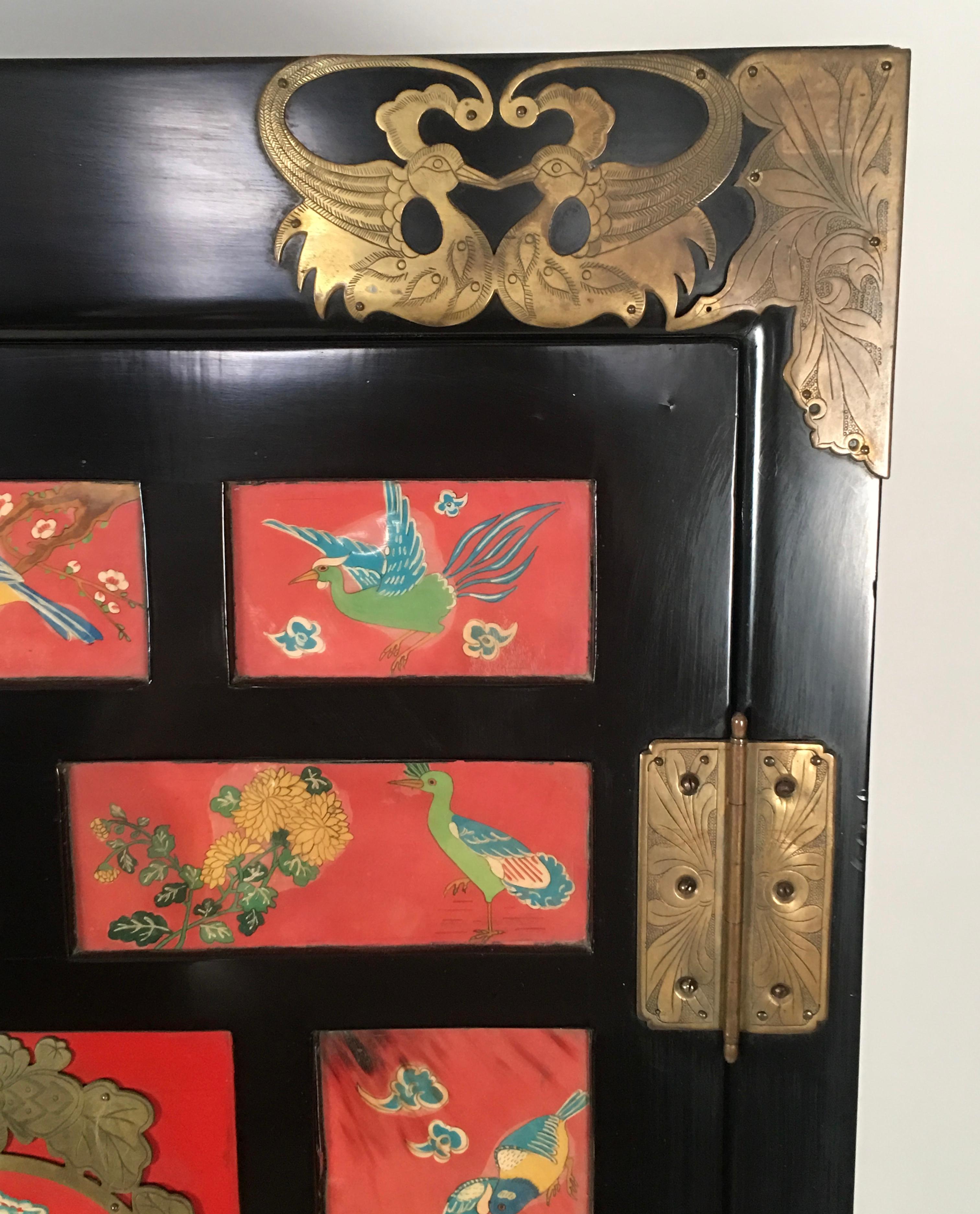 Chinese Export Lacquered Cabinet with Hand-Painted Bird Decorated Panels In Good Condition In Essex, MA