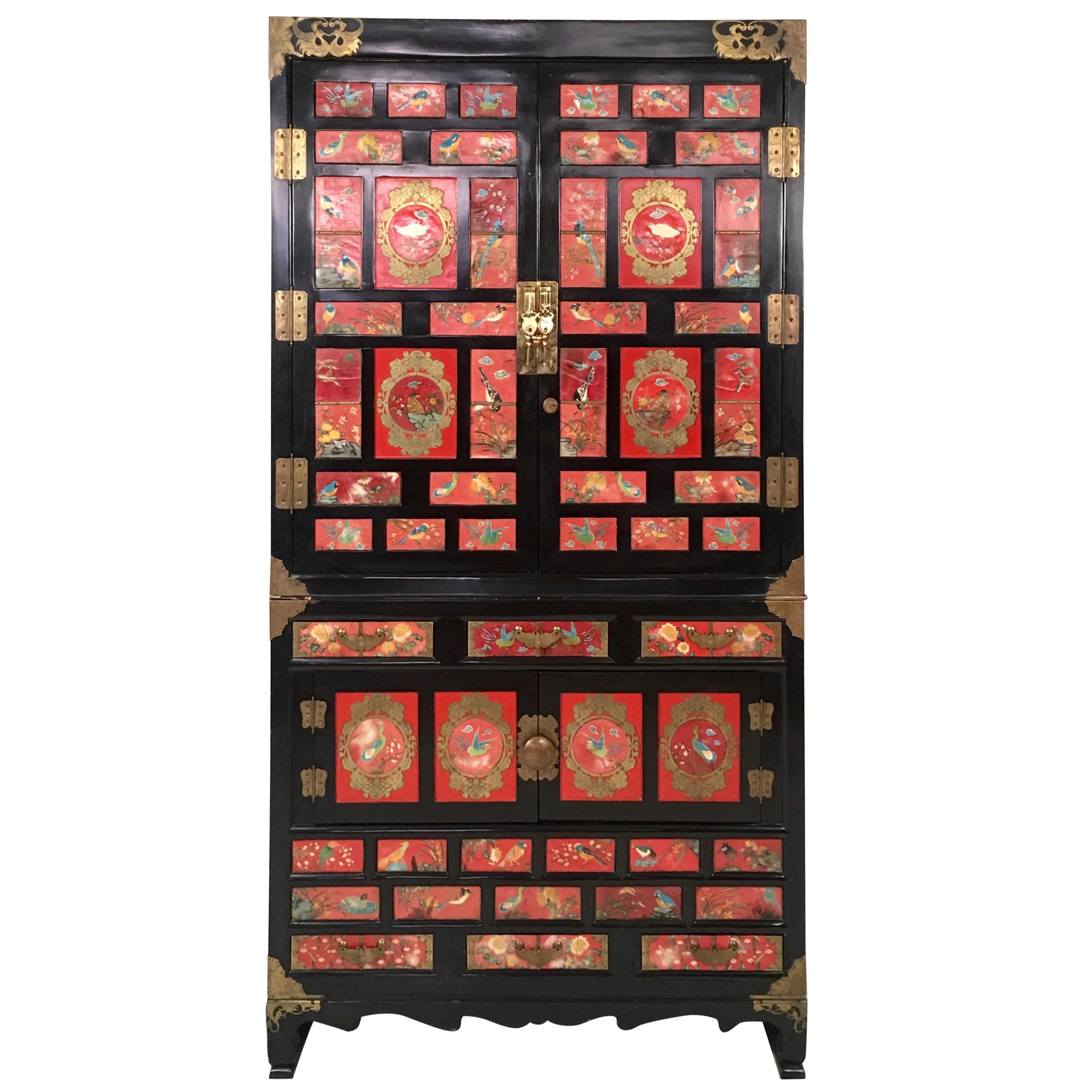 Chinese Export Lacquered Cabinet with Hand-Painted Bird Decorated Panels