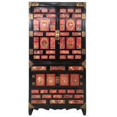 Chinese Export Lacquered Cabinet with Hand-Painted Bird Decorated Panels