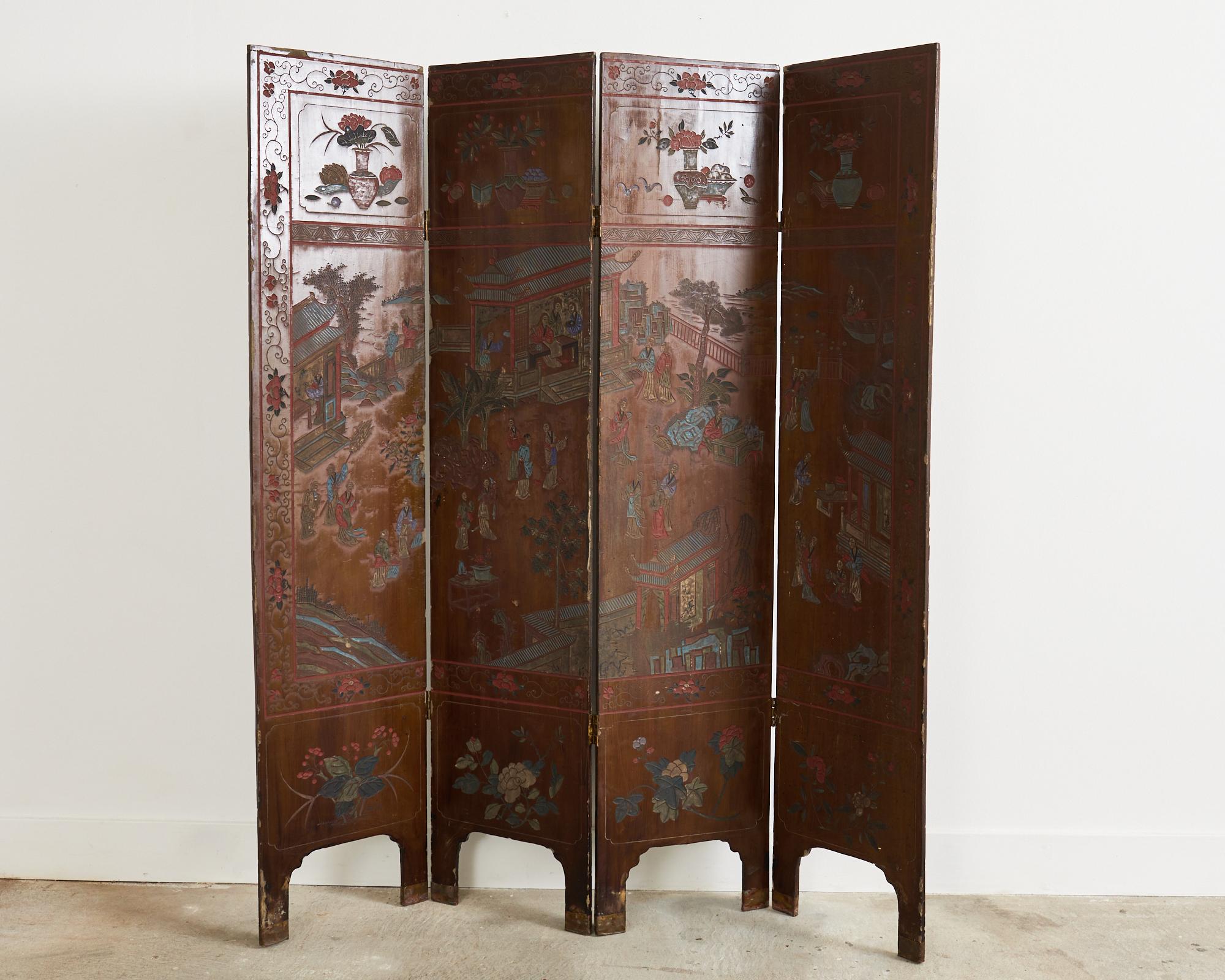 Chinese Export Lacquered Four Panel Coromandel Screen For Sale 7