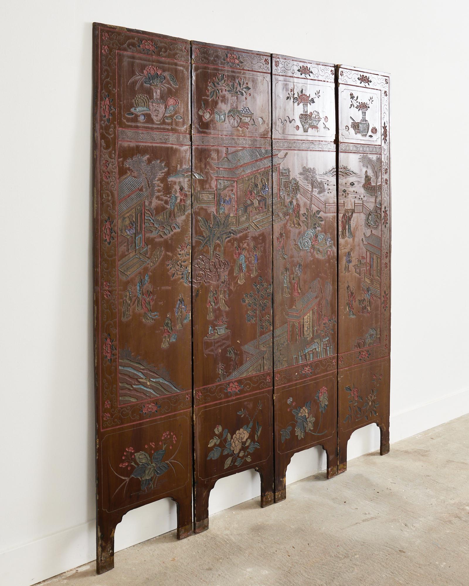 Chinese Export Lacquered Four Panel Coromandel Screen For Sale 8