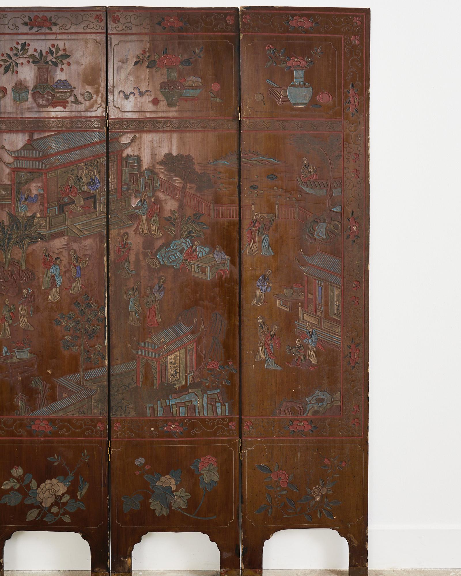 20th Century Chinese Export Lacquered Four Panel Coromandel Screen For Sale