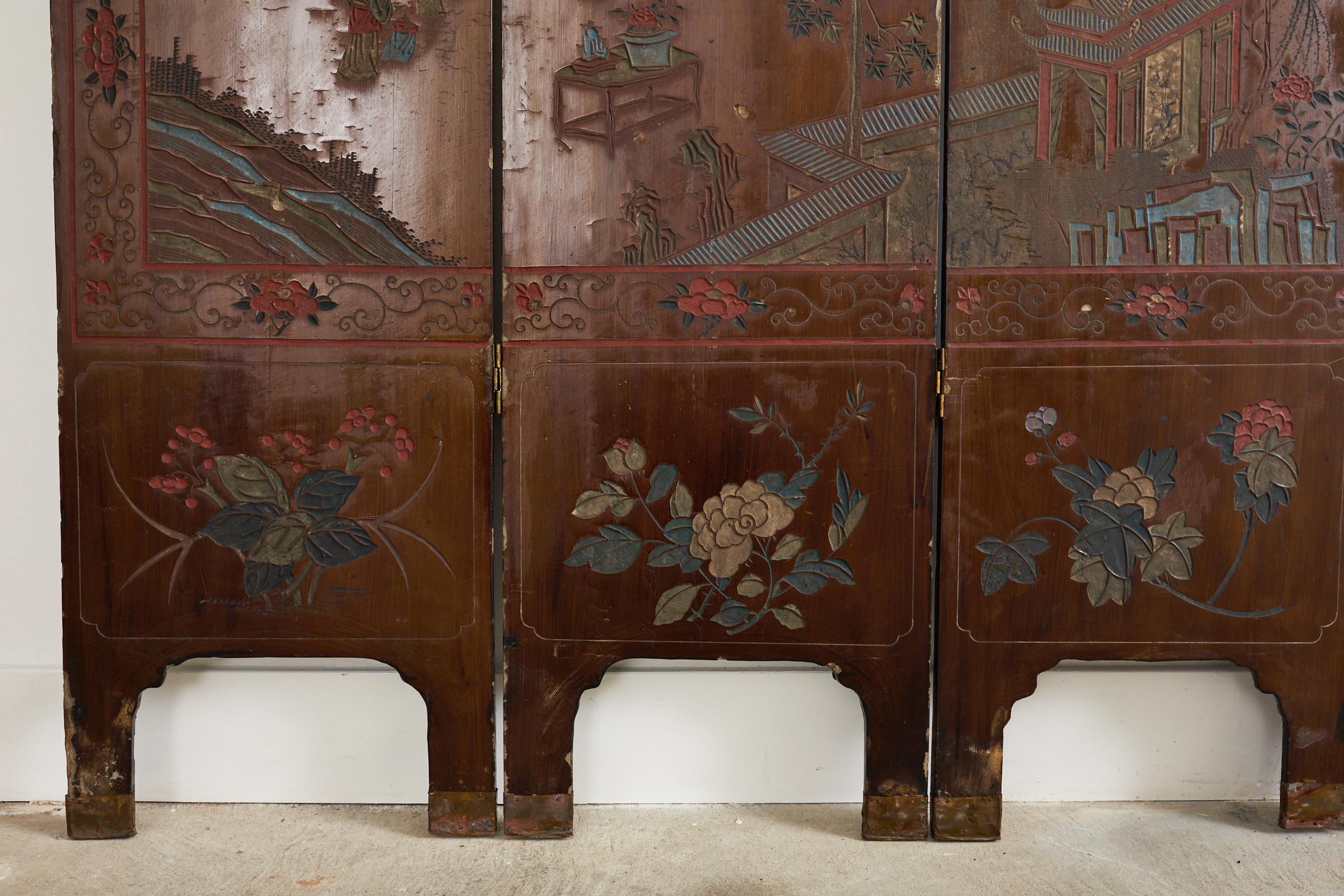 Brass Chinese Export Lacquered Four Panel Coromandel Screen For Sale