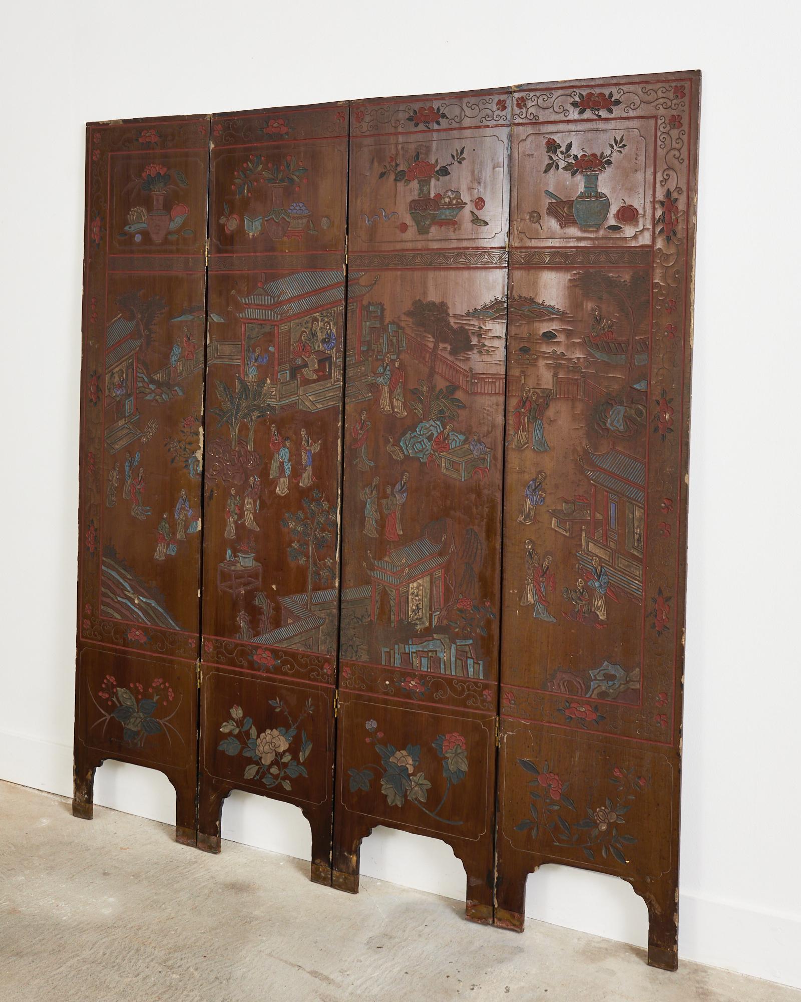 Chinese Export Lacquered Four Panel Coromandel Screen For Sale 2