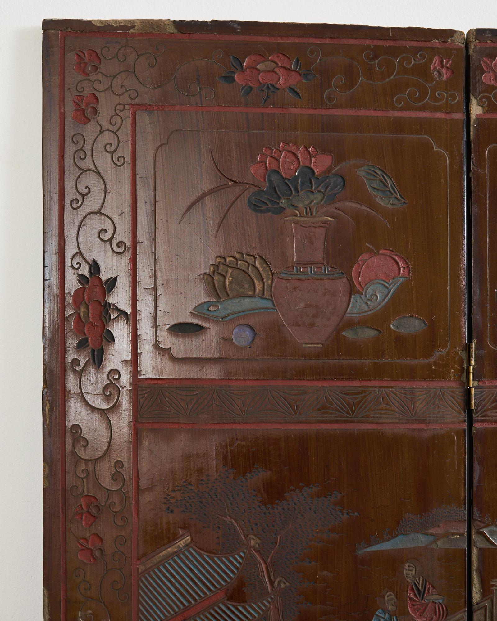 Chinese Export Lacquered Four Panel Coromandel Screen For Sale 3