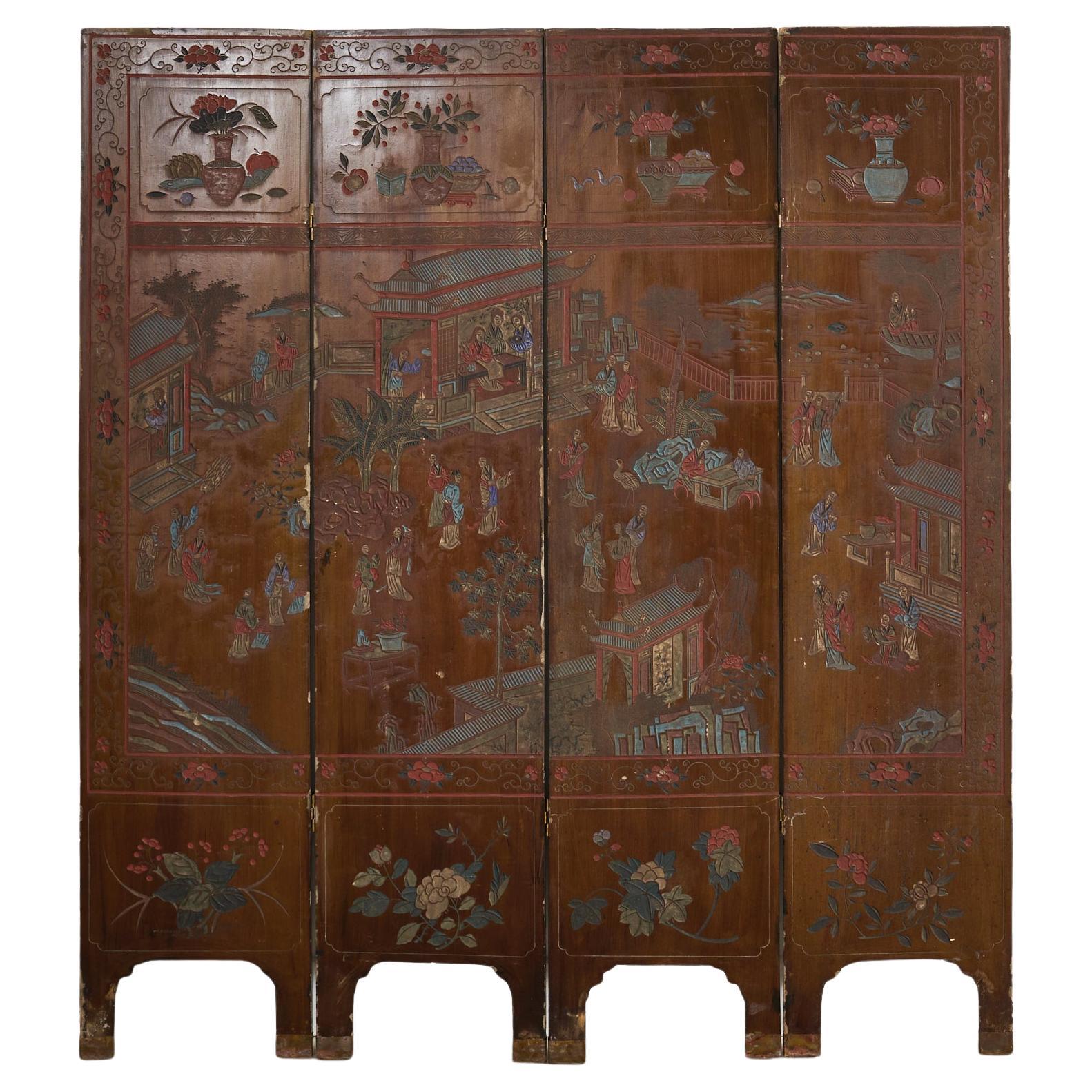 Chinese Export Lacquered Four Panel Coromandel Screen For Sale