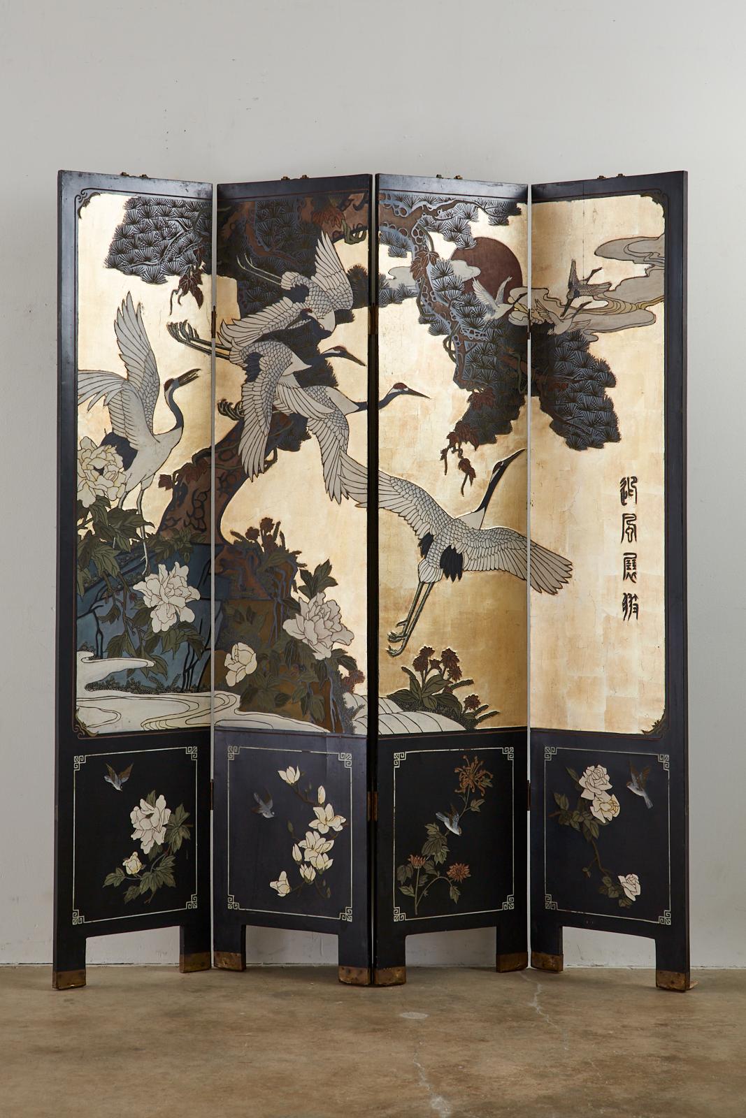 20th Century Chinese Export Lacquered Parcel Gilt Coromandel Screen of Cranes