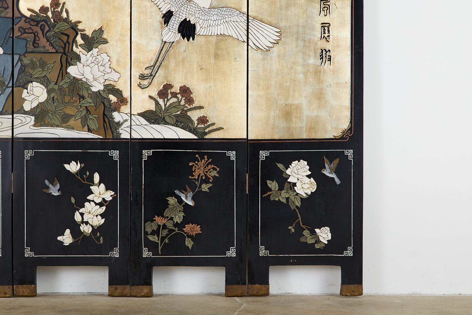 Chinese Export Lacquered Parcel Gilt Coromandel Screen of Cranes 1