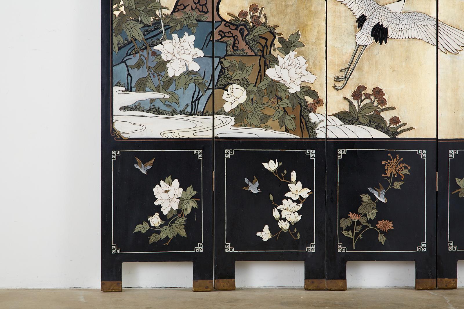 Chinese Export Lacquered Parcel Gilt Coromandel Screen of Cranes 2