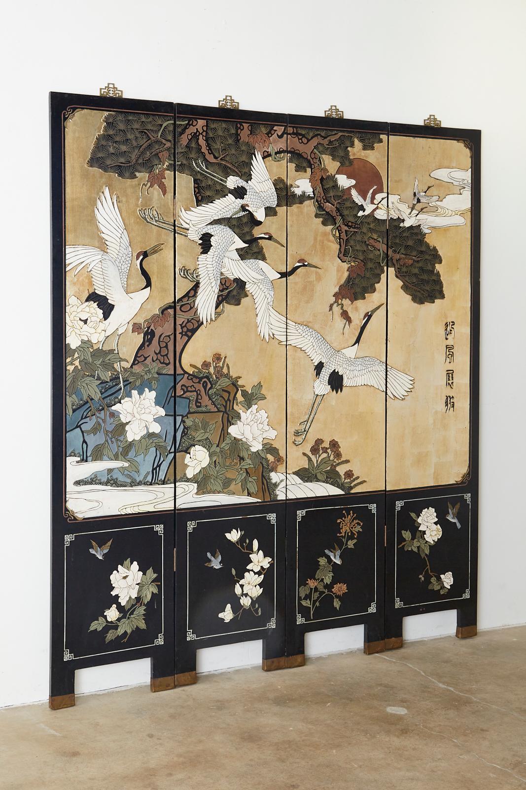 Chinese Export Lacquered Parcel Gilt Coromandel Screen of Cranes 3
