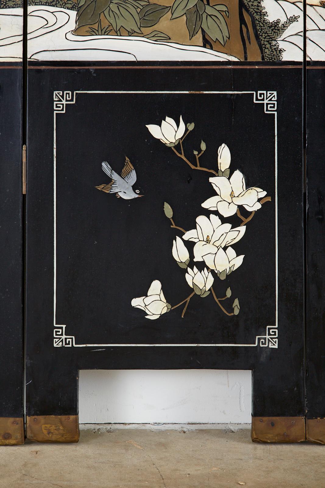 Chinese Export Lacquered Parcel Gilt Coromandel Screen of Cranes 4