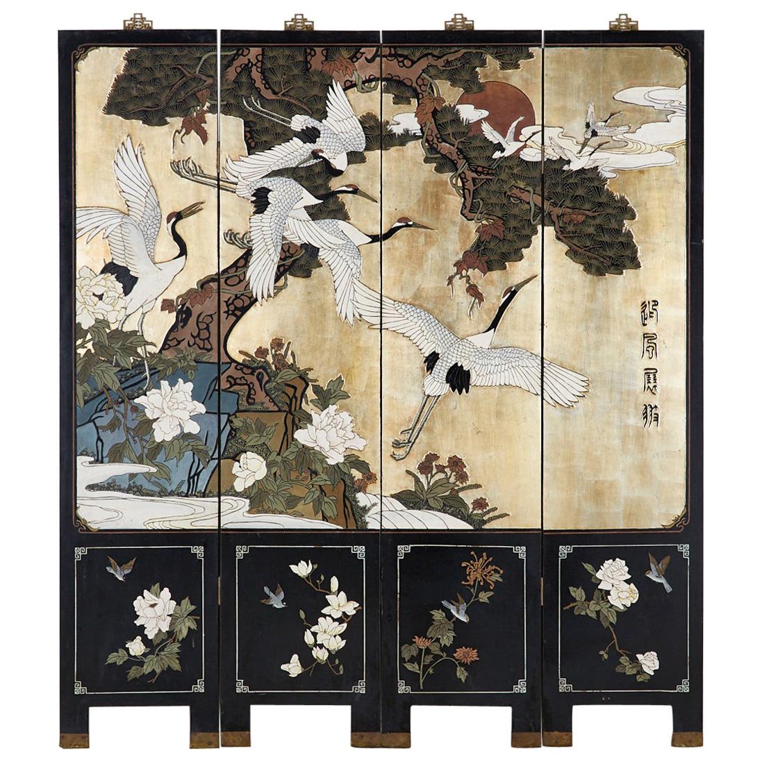 Chinese Export Lacquered Parcel Gilt Coromandel Screen of Cranes