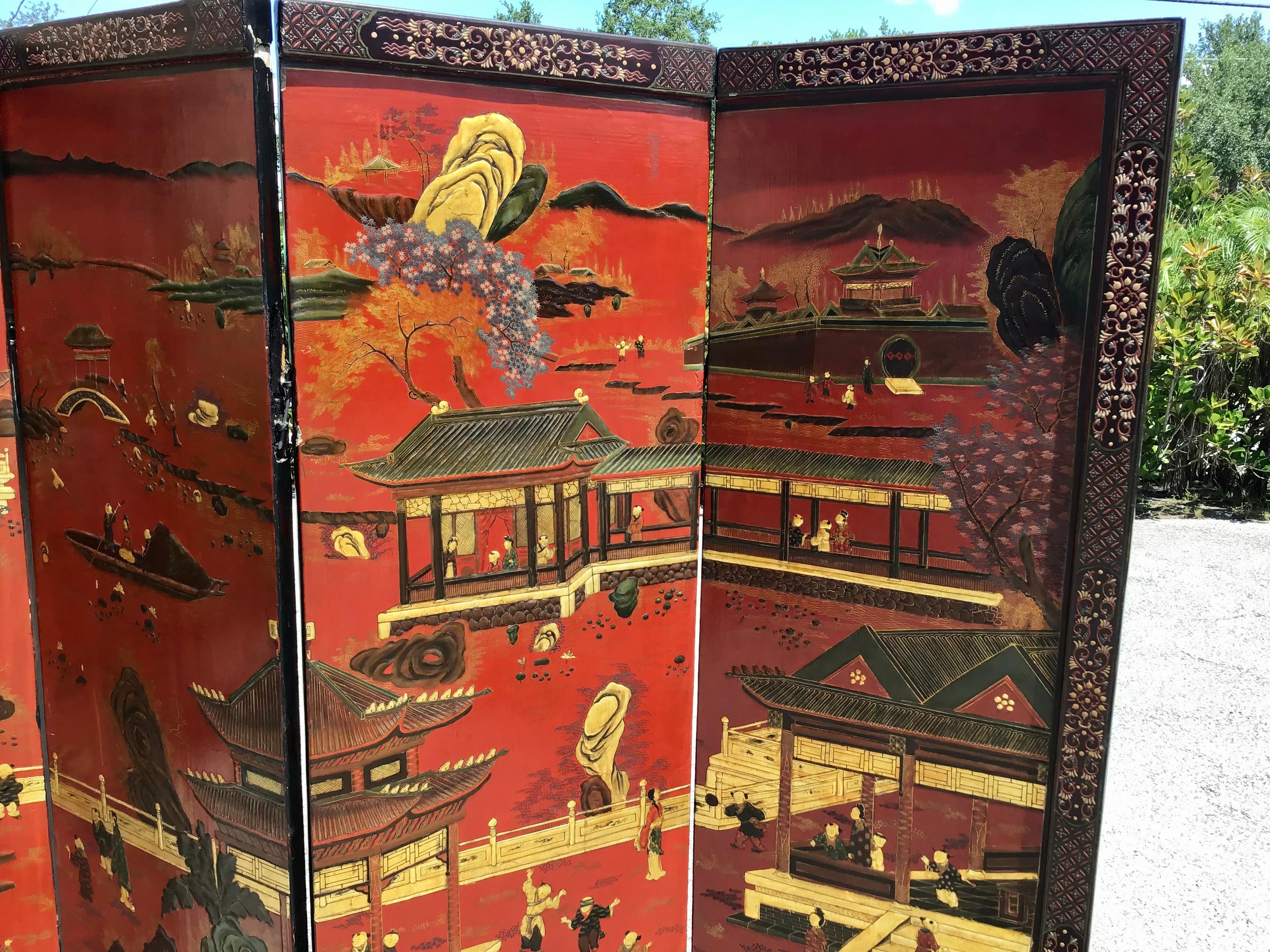19th Century Chinese Export Lacquered Red Coromandel Four Panel Screen