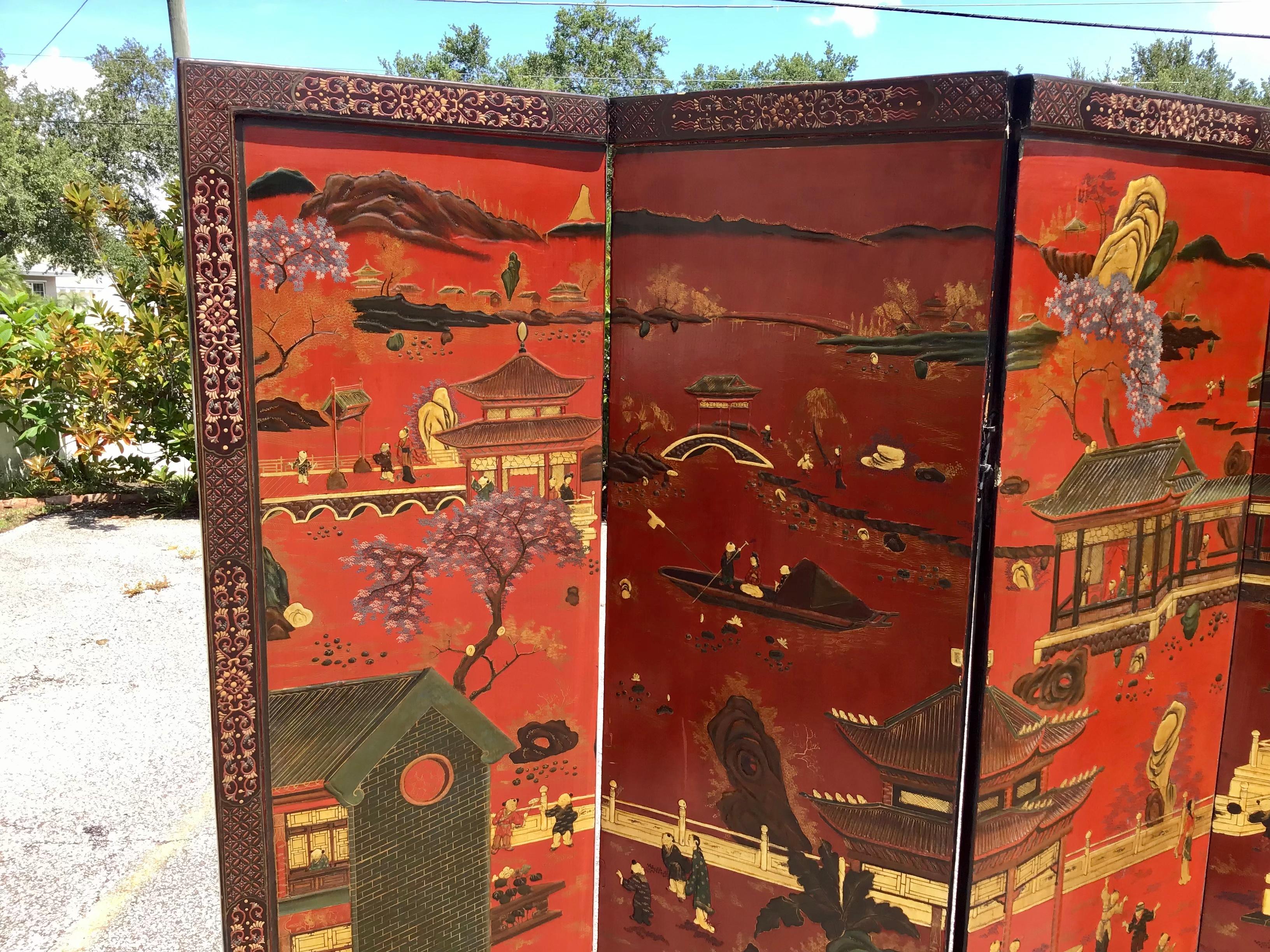 Hardwood Chinese Export Lacquered Red Coromandel Four Panel Screen