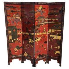 Chinese Export Lacquered Red Coromandel Four Panel Screen