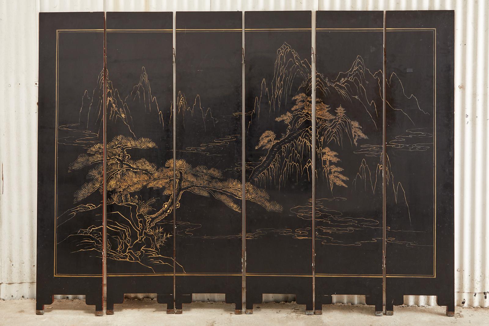 Chinese Export Lacquered Red Coromandel Six Panel Screen 14