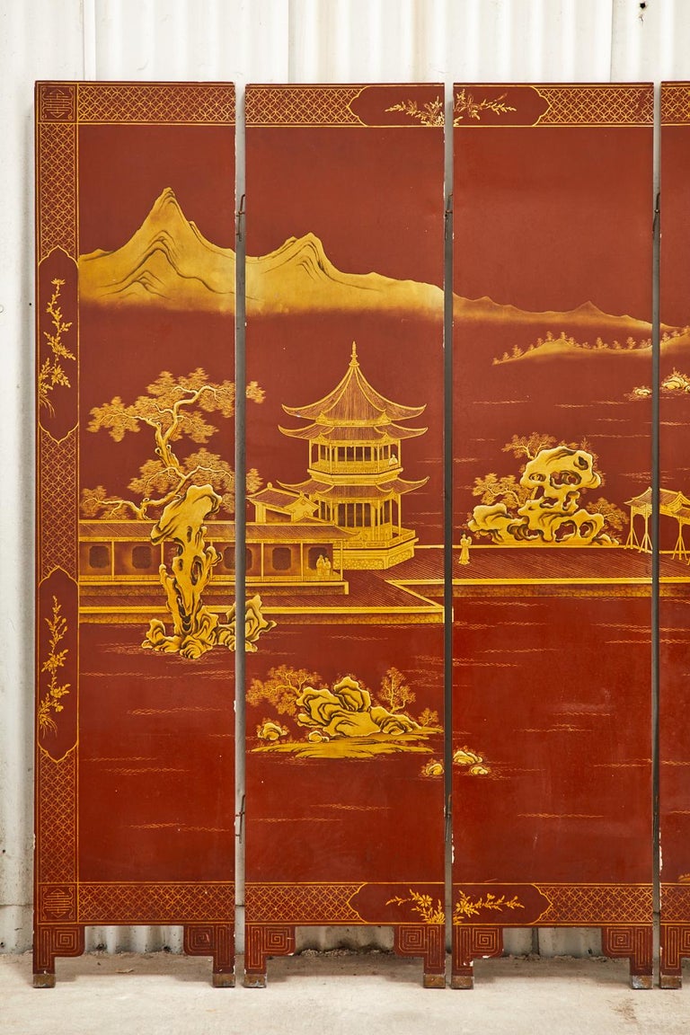 Chinese Export Lacquered Red Coromandel Six Panel Screen In Good Condition For Sale In Rio Vista, CA