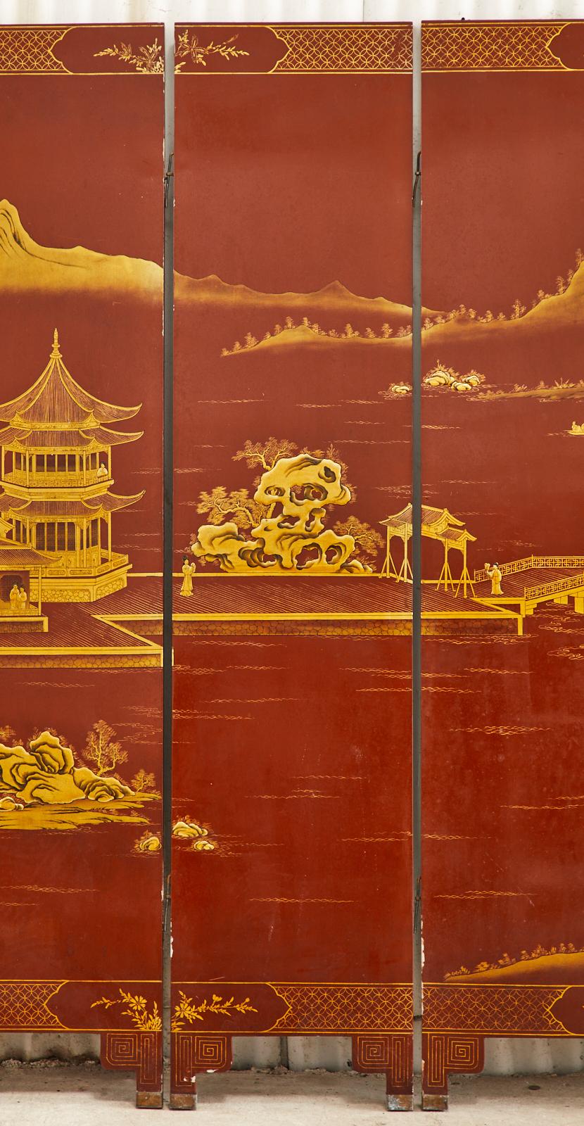 20th Century Chinese Export Lacquered Red Coromandel Six Panel Screen
