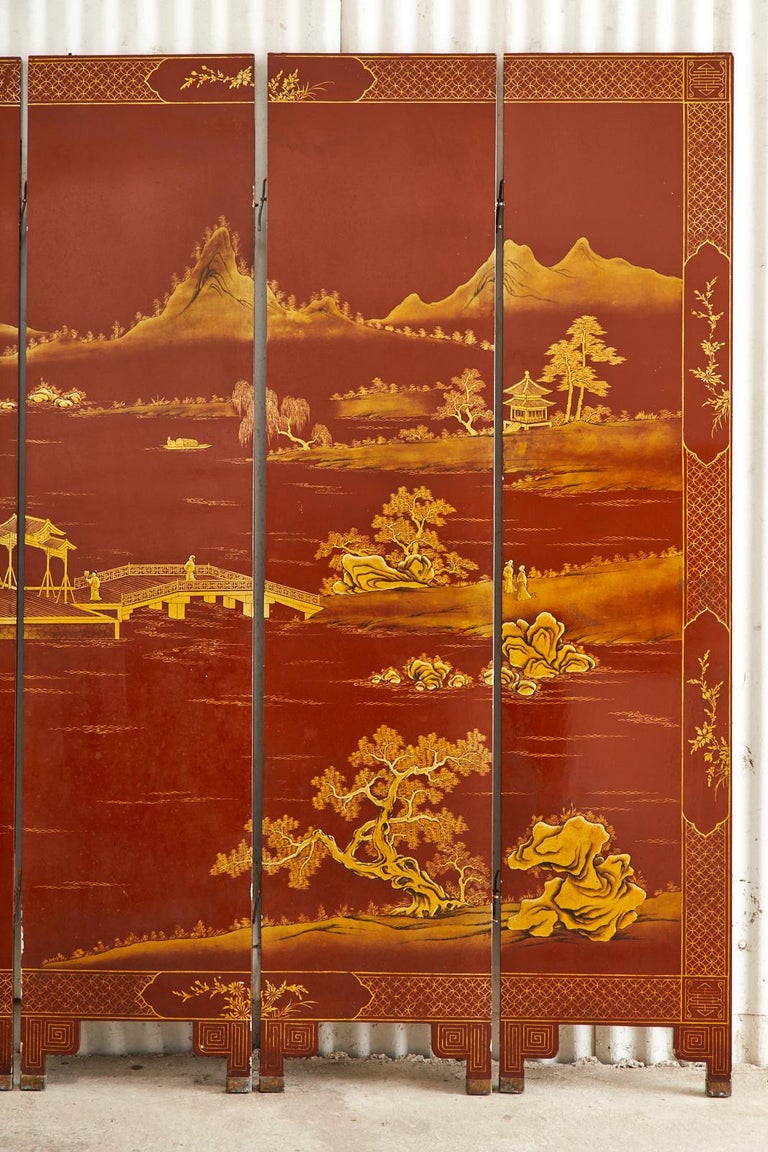 Wood Chinese Export Lacquered Red Coromandel Six Panel Screen For Sale