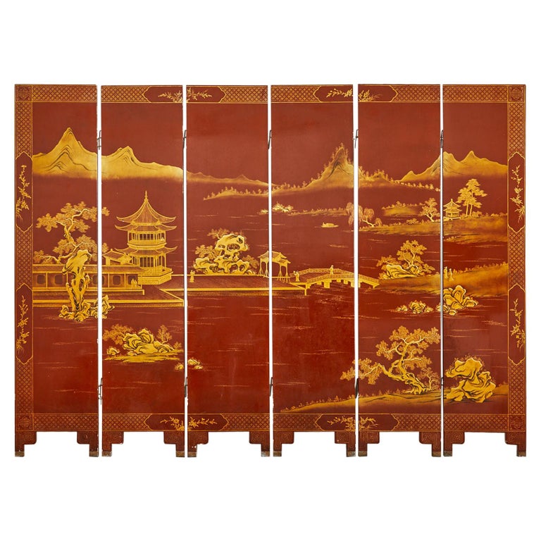 Chinese Export Lacquered Red Coromandel Six Panel Screen For Sale