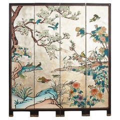 Chinese Export Lacquered Silver Leaf Four Panel Coromandel Screen