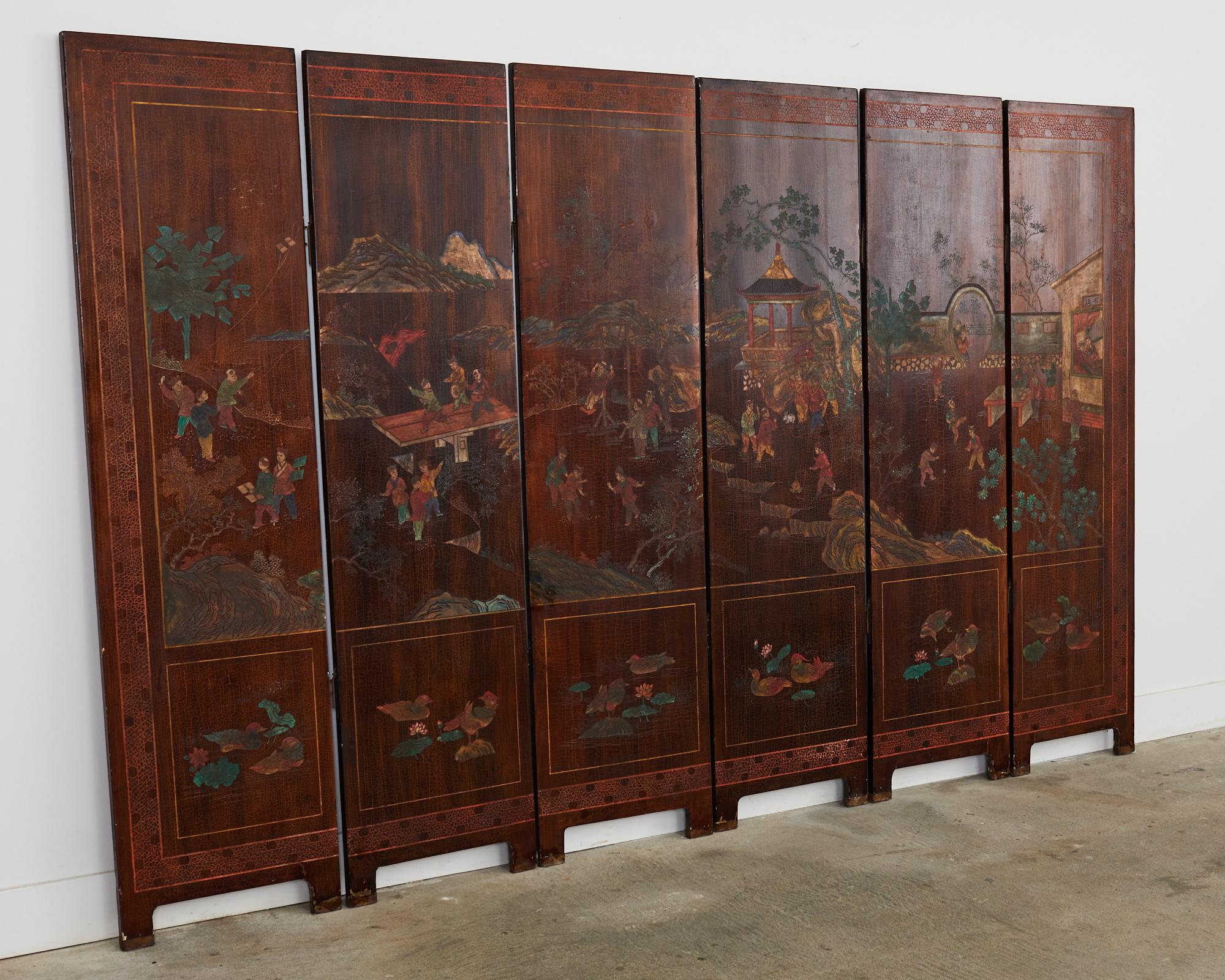 Chinese Export Lacquered Six Panel Coromandel Landscape Screen For Sale 7