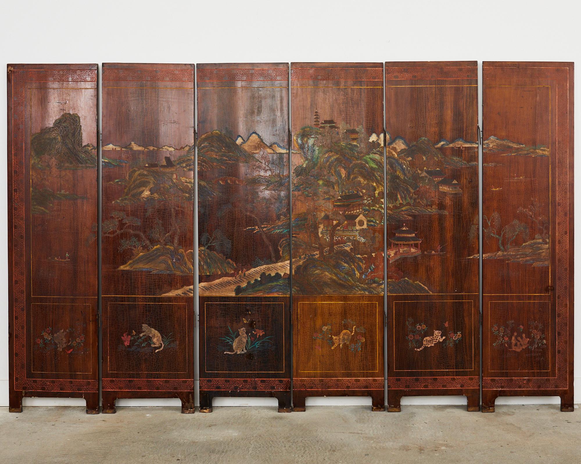 Chinese Export Lacquered Six Panel Coromandel Landscape Screen For Sale 15