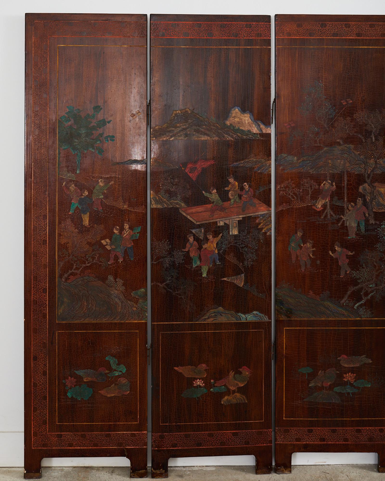 Chinese Export Lacquered Six Panel Coromandel Landscape Screen In Distressed Condition For Sale In Rio Vista, CA