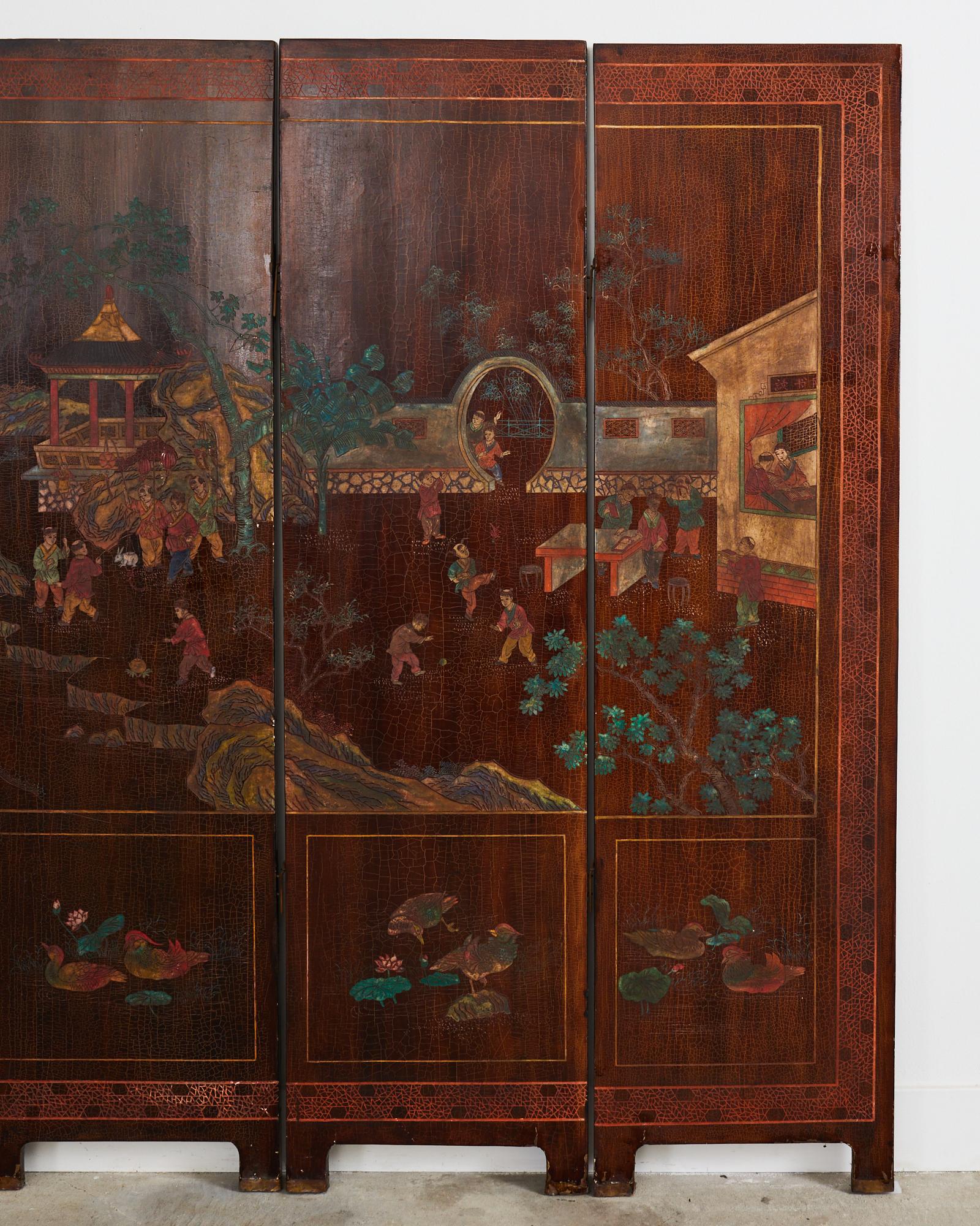 Brass Chinese Export Lacquered Six Panel Coromandel Landscape Screen For Sale