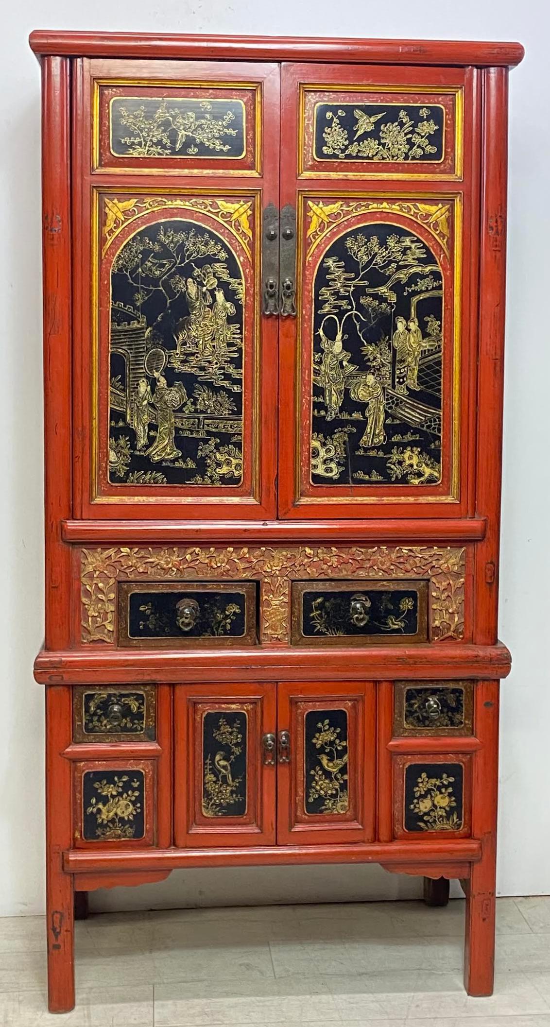 19th Century Chinese Export Lacquered Two-Piece Cabinet For Sale