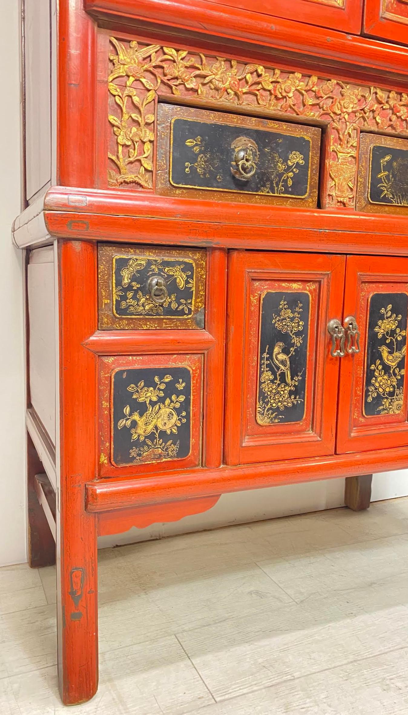 Wood Chinese Export Lacquered Two-Piece Cabinet For Sale