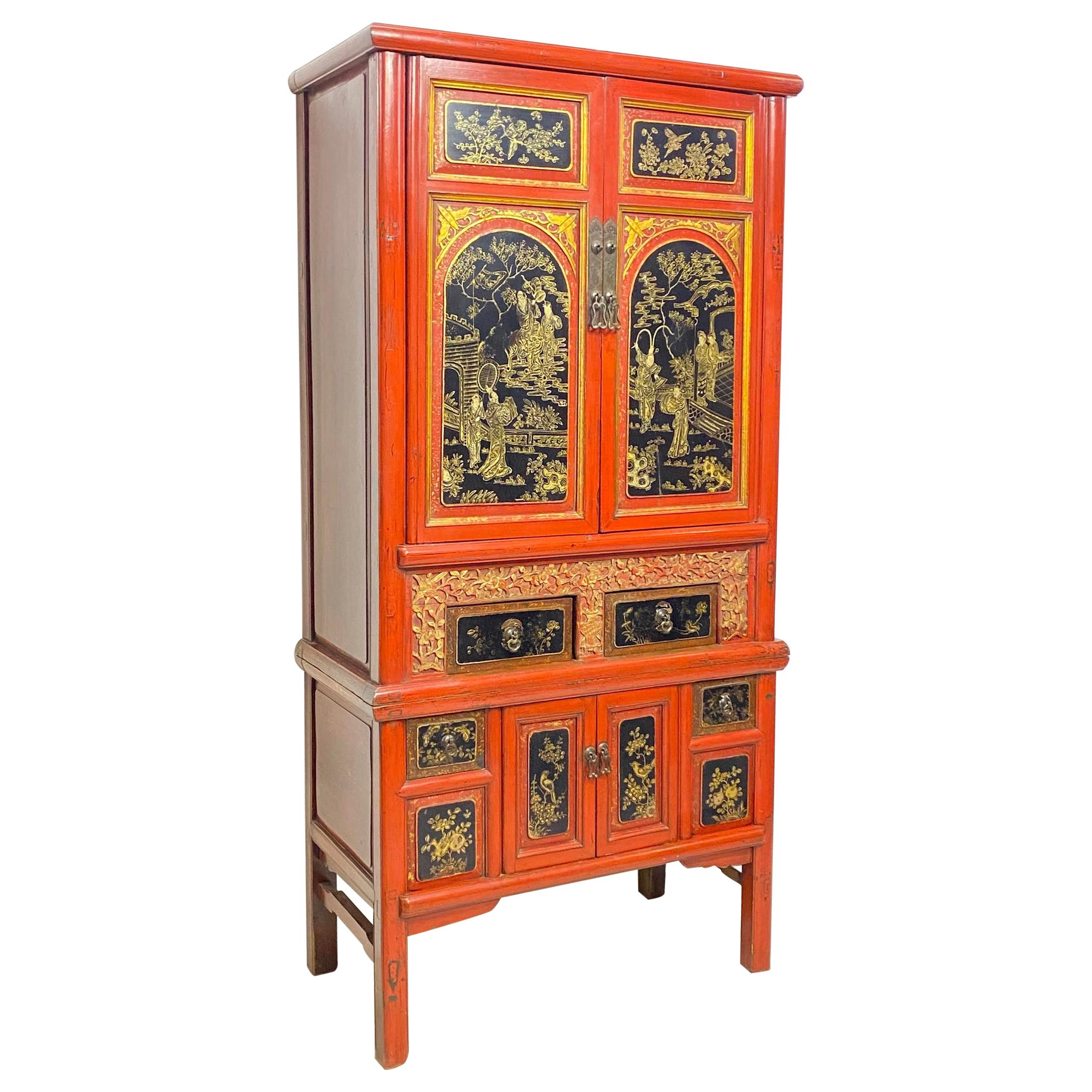 Chinese Export Lacquered Two-Piece Cabinet