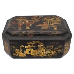 Chinese Export Lacquered Wooden Box with Chinoiserie Panels