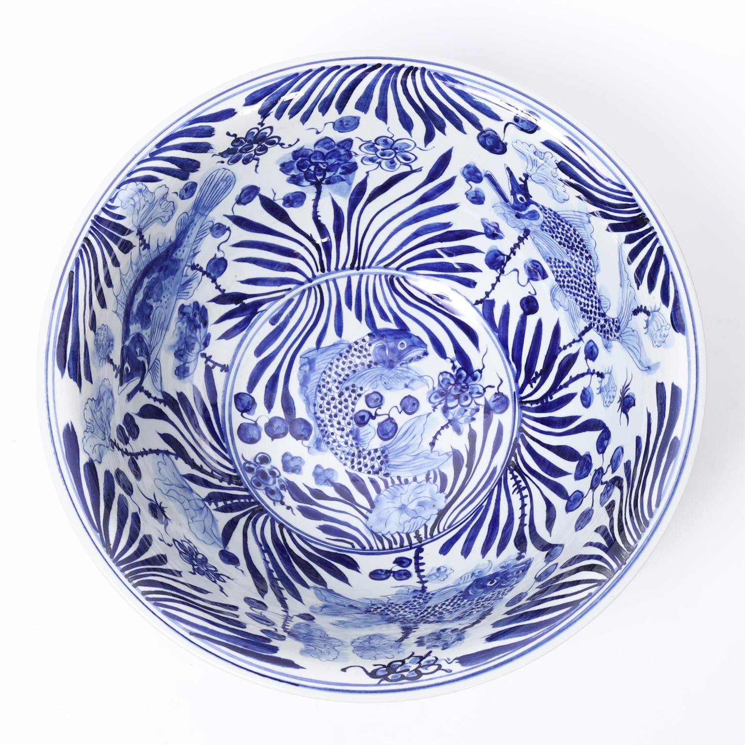 Glazed Chinese Export Large Blue and White Porcelain Aquatic Bowl For Sale