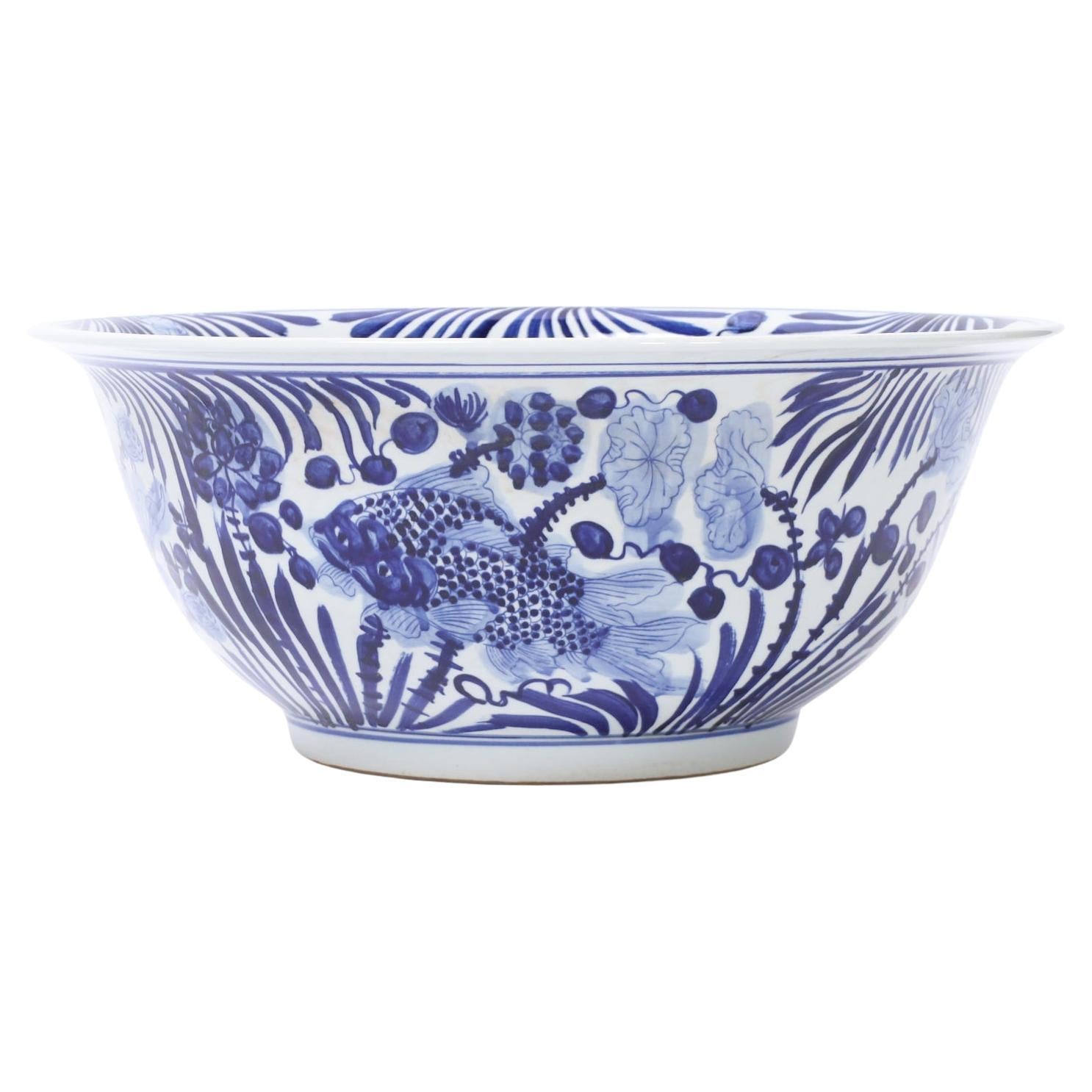 Chinese Export Large Blue and White Porcelain Aquatic Bowl For Sale